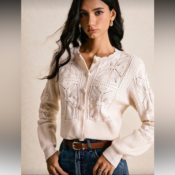 Sweaters - Scalloped collar button up knit cardigan sweater crochet boho cream cottagecore